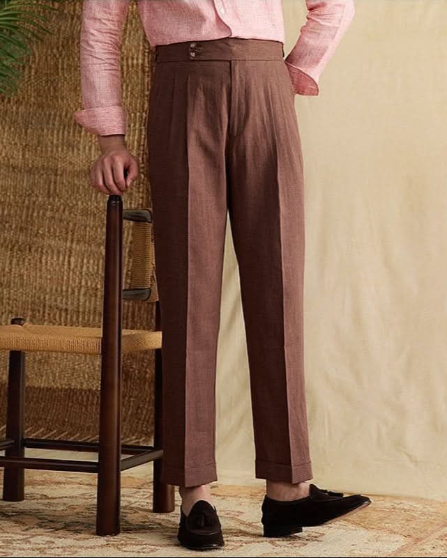 Bologna Linen Trousers for men, high-waist pleated pants made from 80% linen and 20% cotton, breathable and elegant Italian style.