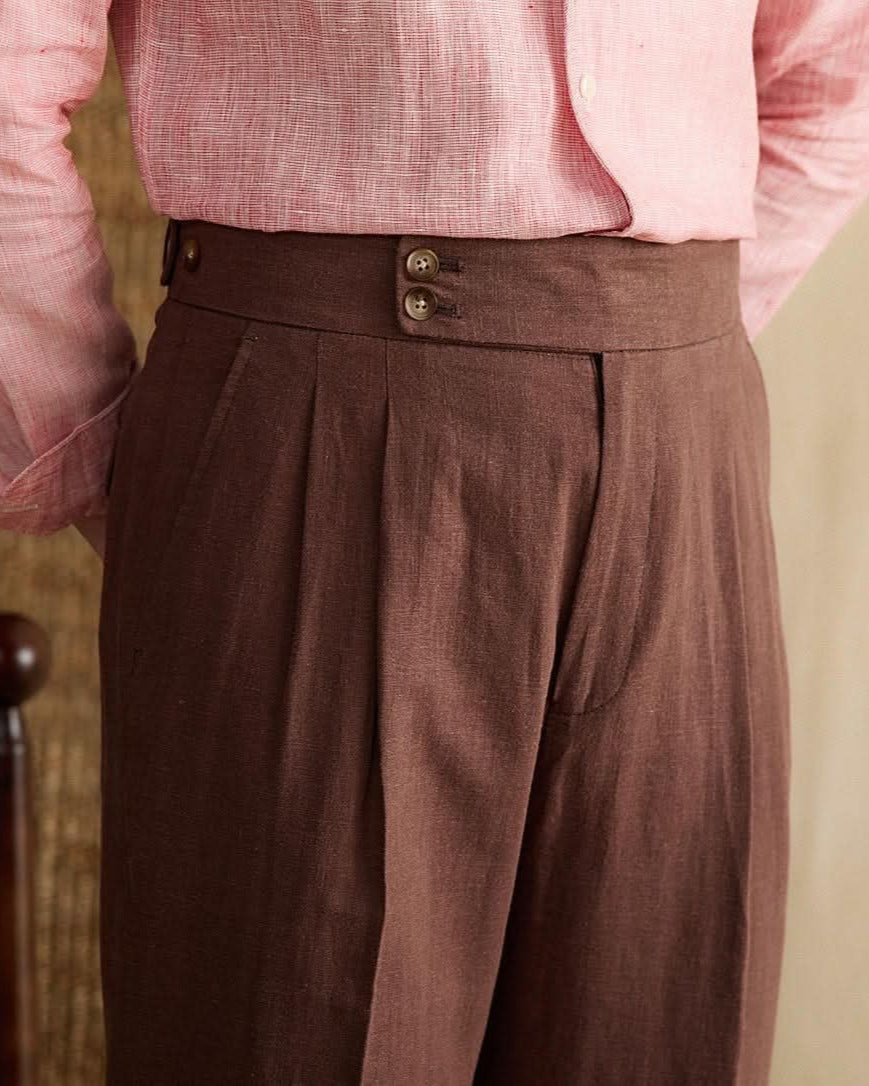 Bologna Linen Trousers for men, high-waist pleated pants made from 80% linen and 20% cotton, breathable and elegant Italian style.