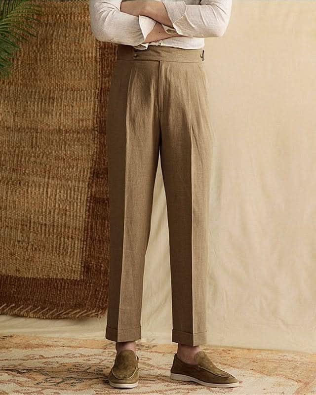 Bologna Linen Trousers for men, high-waist pleated pants made from 80% linen and 20% cotton, breathable and elegant Italian style.