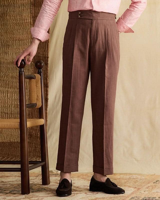 Bologna Linen Trousers for men, high-waist pleated pants made from 80% linen and 20% cotton, breathable and elegant Italian style.