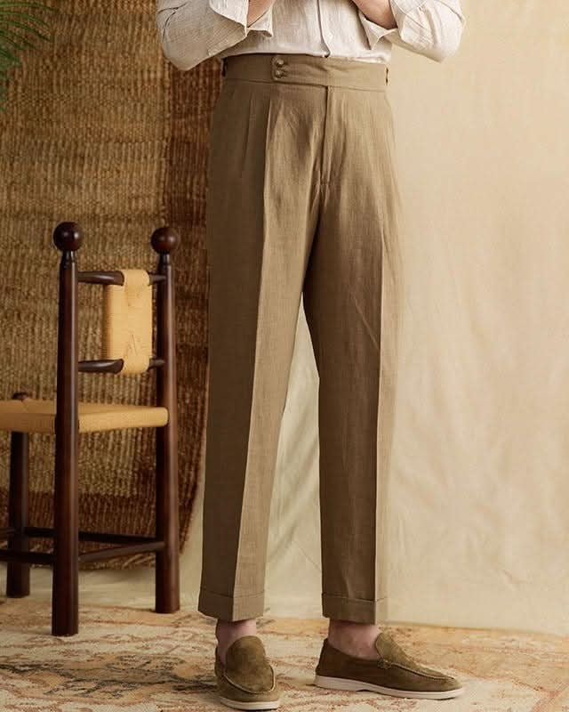 Bologna Linen Trousers for men, high-waist pleated pants made from 80% linen and 20% cotton, breathable and elegant Italian style.
