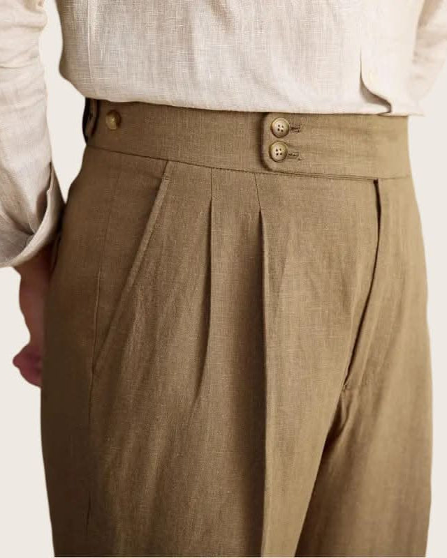 Bologna Linen Trousers for men, high-waist pleated pants made from 80% linen and 20% cotton, breathable and elegant Italian style.